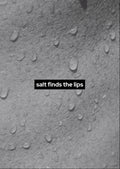 Text 'salt finds the lips' on a textured gray background