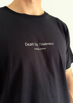 A close-up of a person wearing a black crewneck t-shirt with white text on the chest that reads 'Death by Tenderness' and 'Feelings Archive'.